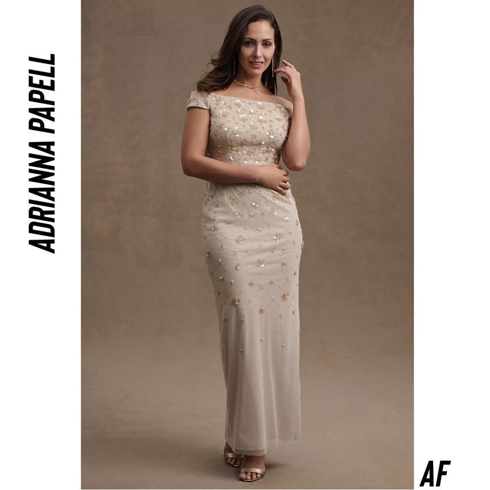 Adrianna Papell for Anthropologie Rosie off shoulder back slit sequined gown New